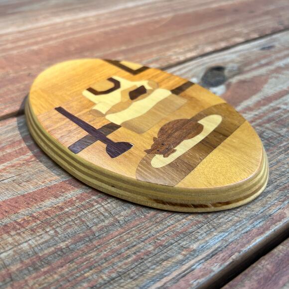 Vintage 90s Round Mountain Woodworks Cat Inlay Wall Art 6x3.5 Handmade Wood Oval - Picture 9 of 11